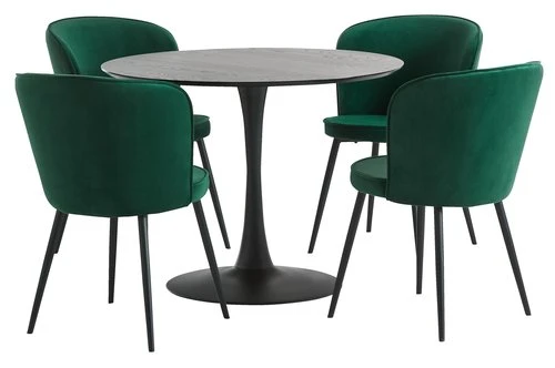 RINGSTED Ø100 Table Noir + 4 RISSKOV Chaises Vert Foncé 1 RINGSTED Ø100 Table Noir + 4 RISSKOV Chaises Vert Foncé