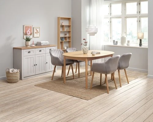 MARSTRAND Ø110 Table Chêne + 4 ADSLEV Chaises Velours Gris 2 MARSTRAND Ø110 Table Chêne + 4 ADSLEV Chaises Velours Gris – Image 2