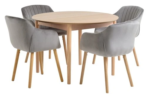 MARSTRAND Ø110 Table Chêne + 4 ADSLEV Chaises Velours Gris 1 MARSTRAND Ø110 Table Chêne + 4 ADSLEV Chaises Velours Gris