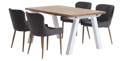 SKAGEN L150 Table Blanc/chêne + 4 PEBRINGE Chaises Vel. Gris 1 SKAGEN L150 Table Blanc/chêne + 4 PEBRINGE Chaises Vel. Gris